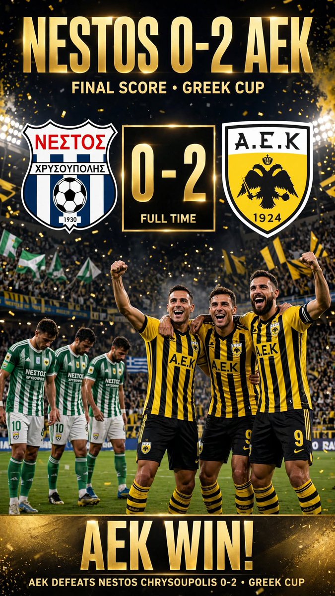 MOMENTMAN99's tweet photo. AEK gets the job done. 💛

Nestos Chrysoupolis 0-2 AEK. Full Time  Greek Cup 🏆

AEK WIN. Big away victory in Chrysoupoli! Who was your Man of the Match? Drop your score thoughts below.✅ https://t.co/3GdIgym8M6
