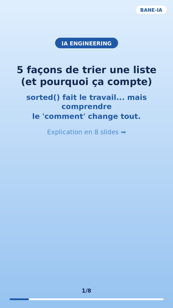 Rassoul091's tweet photo. 5 façons de trier une liste (et pourquoi ça compte) 👀 Swipe pour comprendre ➡️
#tri #algorithmique #python #computerscience #coding https://t.co/BhfFXvmS1r