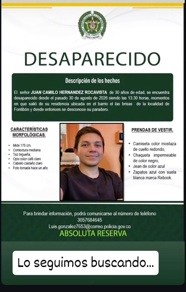 RICHENAO's tweet photo. Necesitamos que Juan Camilo vuelva a casa. Todos podemos ayudar
RT por favor. 
@PoliciaColombia 
@DirectorPolicia https://t.co/UpB66Ol9Z6