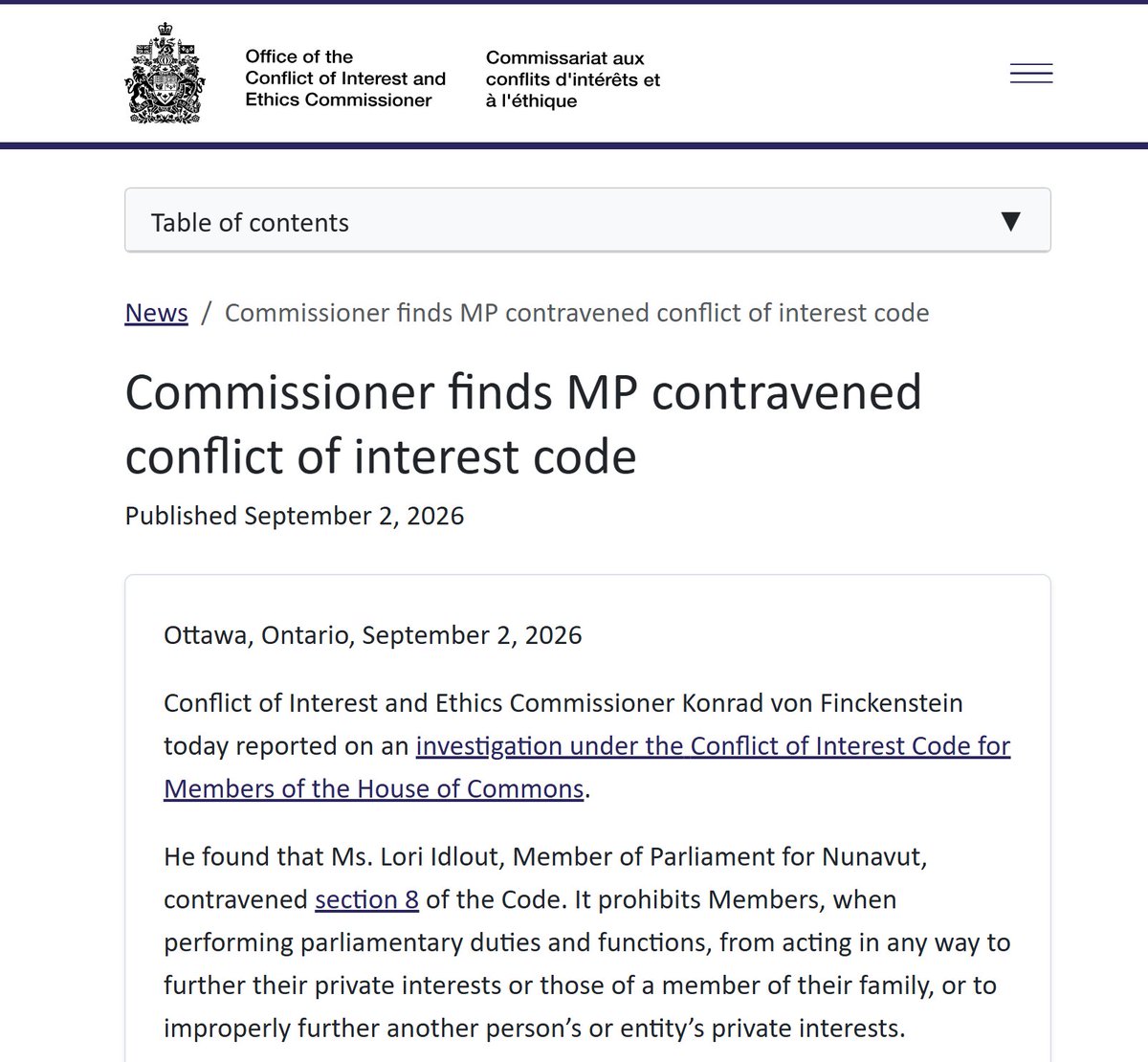 cbcwatcher's tweet photo. Ethics Commissioner "found that Ms. Lori Idlout, Member of Parliament for Nunavut, contravened section 8 of the Code. It prohibits Members, when performing parliamentary duties and functions, from acting in any way to further their private interests or those of a member of their family, or to improperly further another person’s or entity’s private interests.
Ms. Idlout claimed reimbursement from her Member’s Office Budget for purchases she made, while performing parliamentary duties and functions, at a business she owns and at a business owned by her spouse. These actions furthered her private interests and those of a family member, by increasing or preserving the value of her assets or her spouse’s assets.
When the Commissioner finds a Member has contravened the Code, he must consider if there are any mitigating factors and whether to recommend a sanction. The Commissioner did not recommend a sanction for Ms. Idlout."