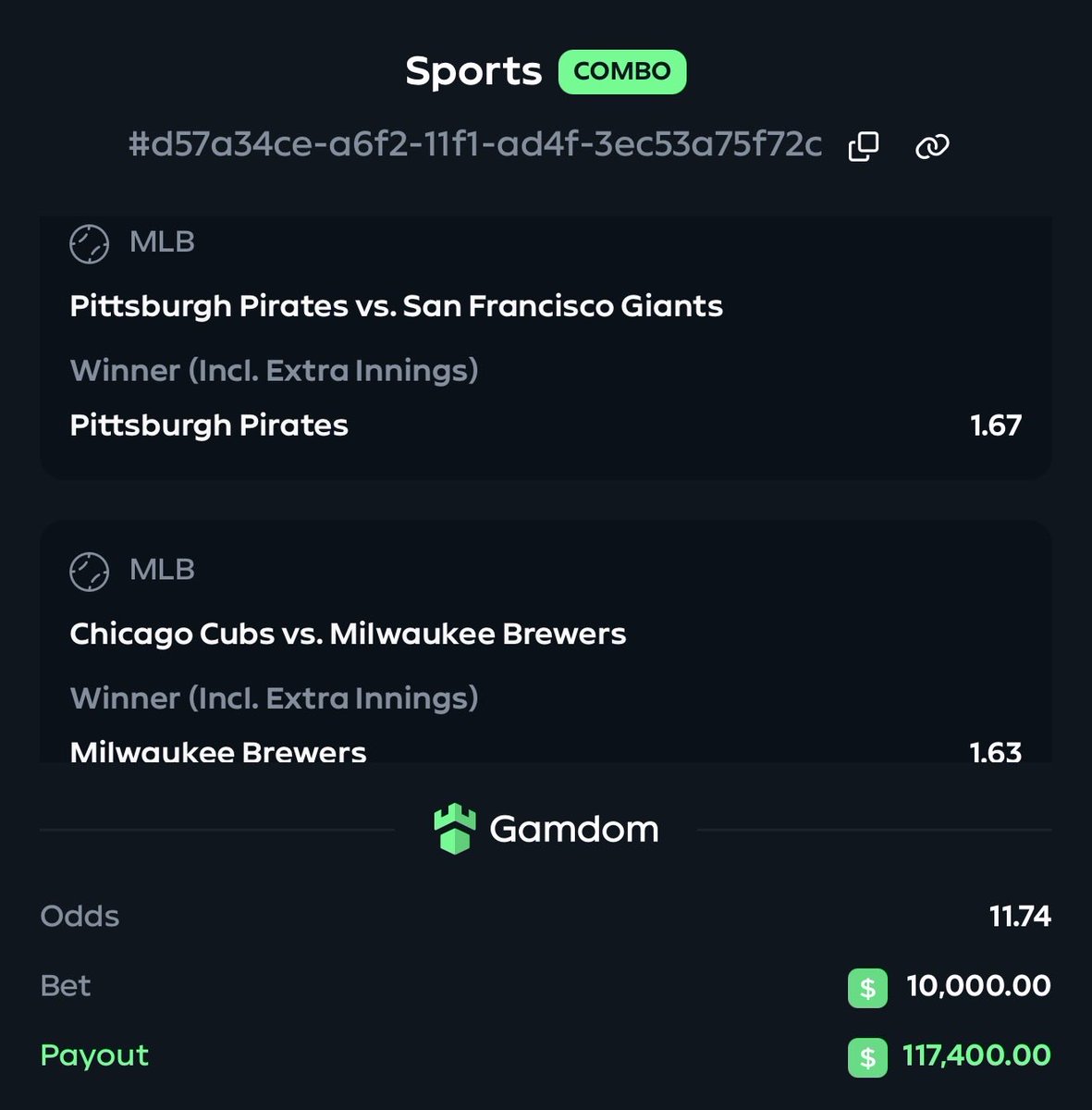 stevewilldoit's tweet photo. I have 
- brewers ML 
- pirates ML 
- athletics ML
- Toronto ML 

10k to win 117k @gamdom 🤝🫡 https://t.co/9eQAO1d2Mw