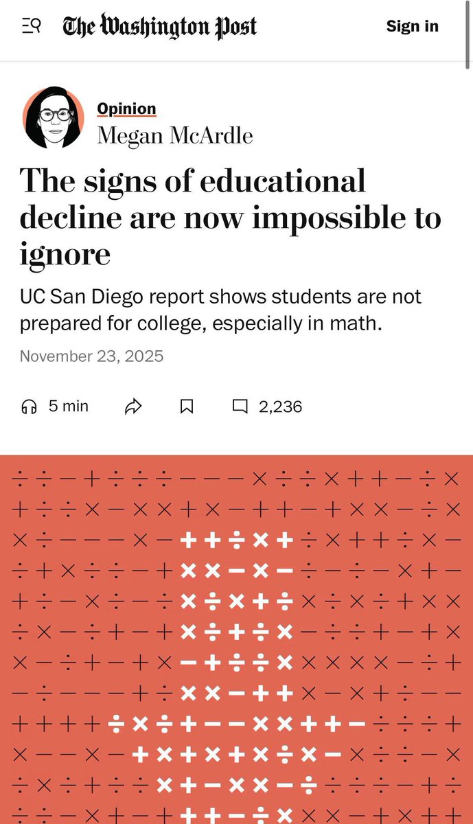 sanz_ismael's tweet photo. “Bajar estándares, eliminar pruebas estandarizadas, inflar calificaciones… No estamos construyendo mejores estudiantes, solo disfrazamos la mediocridad. La educación real exige honestidad."  Washington Post:
Más del 8 % de los nuevos estudiantes en UC San Diego necesitan clases de matemáticas básicas — a pesar de haber aprobado cálculo o estadística en bachillerato. Eso debería preocuparnos mucho.” https://t.co/t5BrEDVHMt