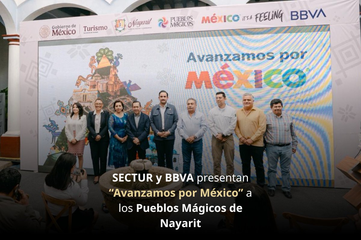 SECTUR_mx's tweet photo. Avanzamos por México llega a Nayarit. 🇲🇽✨

Presentamos a los actores clave de los Pueblos Mágicos de Nayarit la estrategia conjunta “Avanzamos por México”, impulsada por la Secretaría de Turismo y BBVA México, para fortalecer al sector turístico y generar nuevas oportunidades para quienes hacen posible que nuestros destinos sigan creciendo. 🙌

La estrategia contempla cinco ejes principales:

✈️ Promociones para viajeros, con beneficios en vuelos, hospedaje y paquetes turísticos.
📣 Promoción turística, para posicionar las marcas México y Pueblos Mágicos.
📲 Digitalización, facilitando los pagos digitales para los prestadores de servicios turísticos.
🌱 Desarrollo económico, con beneficios directos para las comunidades de los Pueblos Mágicos.
🎓 Educación financiera, con talleres para estudiantes, PyMEs y prestadores de servicios turísticos.

Porque cuando sumamos esfuerzos entre el sector público y privado, generamos más oportunidades para nuestros prestadores de servicios, fortalecemos nuestras comunidades y avanzamos por un turismo que se traduzca en bienestar para México. 🎊