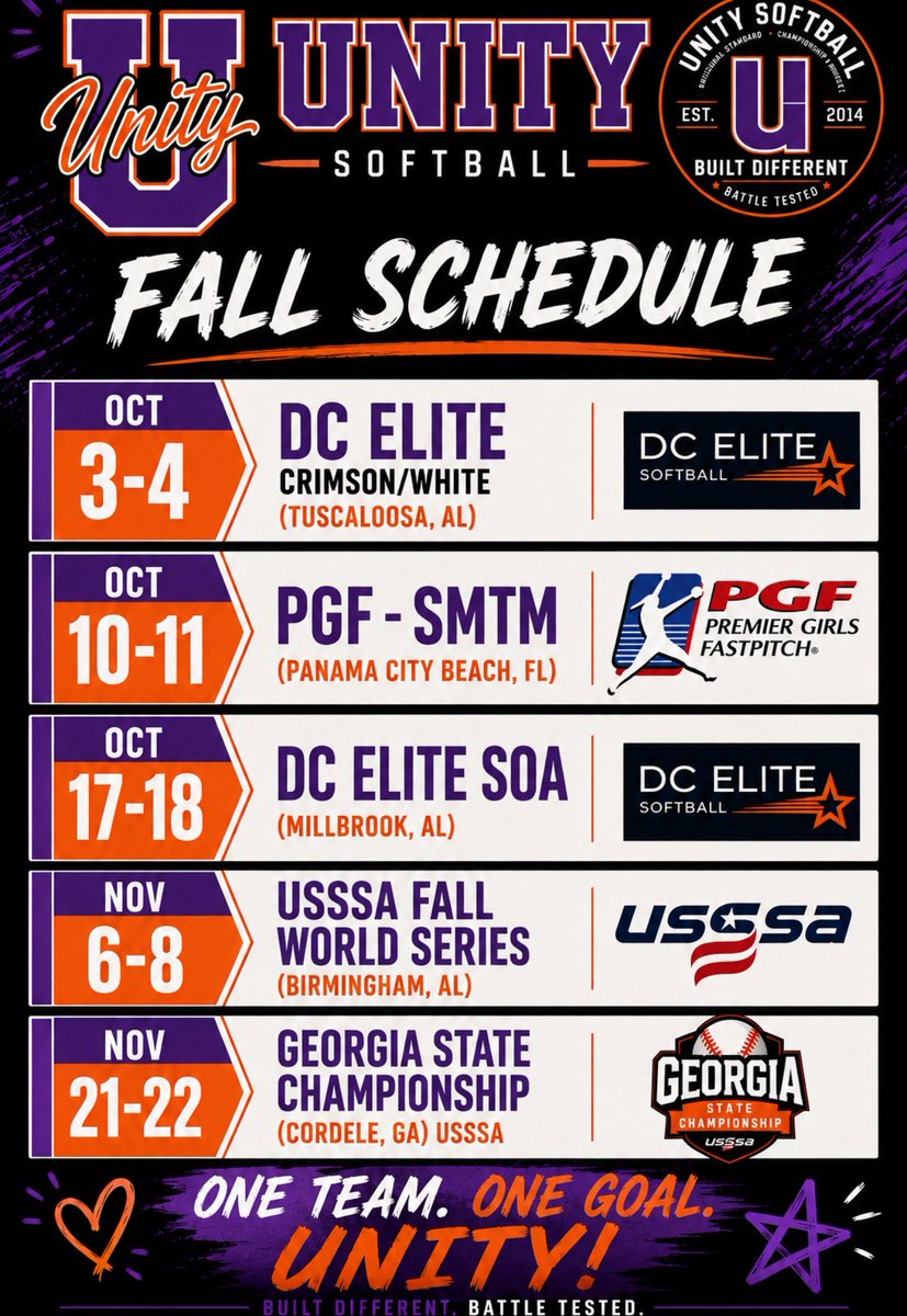 Unity_Mallon's tweet photo. 🚨 Unity 14u - Mallon 
Fall Schedule
#Classof2030

@diamondaddicts @softbalamerica @top_d1recruits @SBRRetweets @YAthletesF @CoastRecruits @scan1ansports @SunilSportsNews @coastrecruitssb @ihartfastpitch @NextPitch_SB https://t.co/195jp7EkGF
