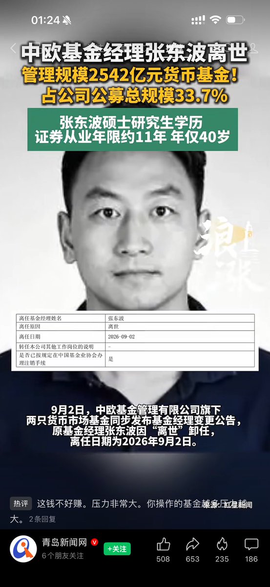 desistmake's tweet photo. 中欧基金经理张东波离世，管理规模2542亿元货币基金！占公司公募总规模33.7%。张东波硕士研究生学历，证券从业年限约11年 年仅40岁。#中欧基金 #基金大佬 #张东波 #张东波离世 https://t.co/6f7BMvvf3c