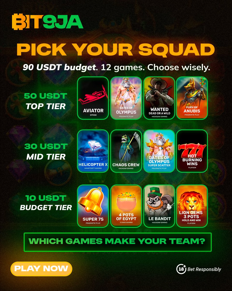 bit9jahq's tweet photo. Which games will you spend your USDT on? 🤔

#TheCrownRace #Bit9ja https://t.co/00Lm5gqILX