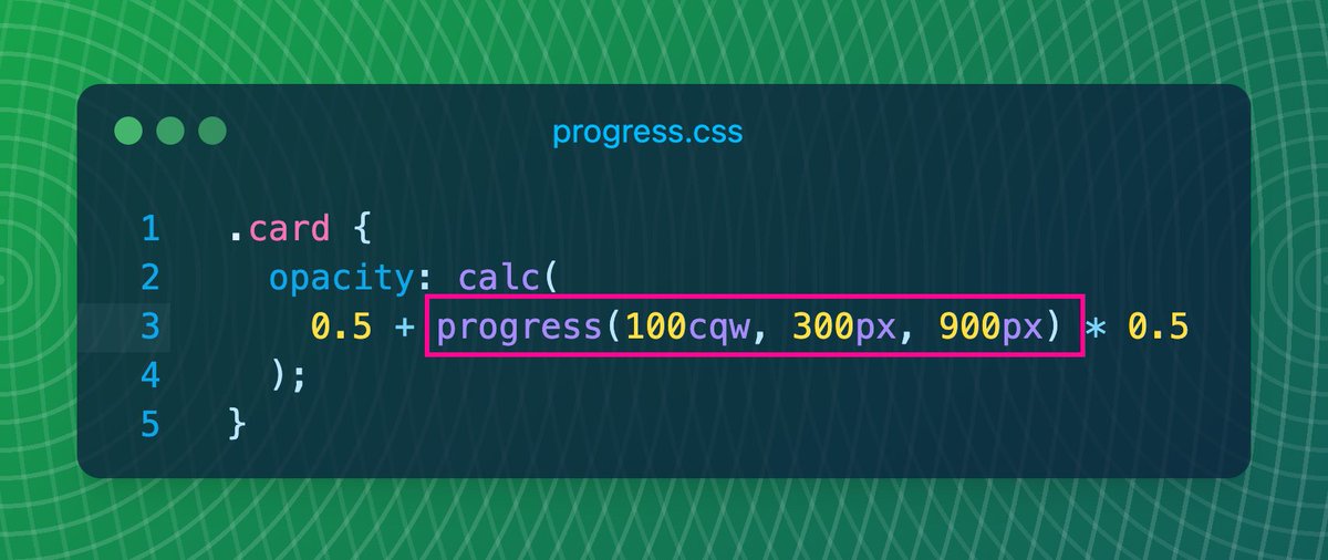 ipwanciu's tweet photo. CSS can now do math with "how far along am I?" 

`progress()` just landed in the last engine. Chrome 138, Safari 26, Firefox 155 (yesterday).

MDN still says Limited; that’s badge lag. 😉

It works now. 🤟

It returns a 0–1 number for how far a value sits between a start and an end ⤵️
