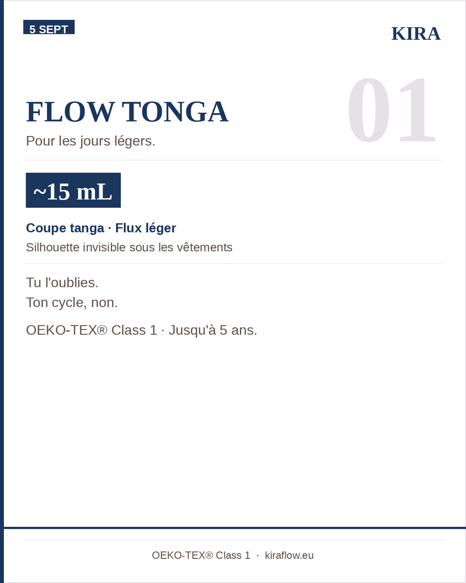 kiraflowfr's tweet photo. Pour les jours légers, il y a FLOW TONGA.

Flux faible · Coupe tanga · Zéro volume sous les vêtements.
Absorption ~15 mL. Tu l'oublies. Ton cycle, non.

OEKO-TEX® Class 1 · Jusqu'à 5 ans de durée de vie.
🔵 https://t.co/riBnpVLW7I

#KIRA #FlowTonga #CulotteMenstruelle #ConfortIntime