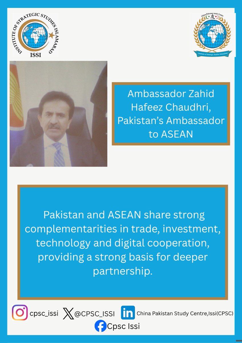 ISSIslamabad's tweet photo. @CPSC_ISSI @ISSIslamabad organised a seminar titled “Pakistan and ASEAN: Navigating Our Future Together” in collaboration with @ForeignOfficePk and the ASEAN Committee in Islamabad, commemorating the 59th ASEAN Day and highlighting opportunities for stronger Pakistan–ASEAN cooperation. Following are the key takeaways:
@AmbMoinHaque @ForeignOfficePk
#Pakistan #ASEAN #ASEANDay #CPSC #ISSI