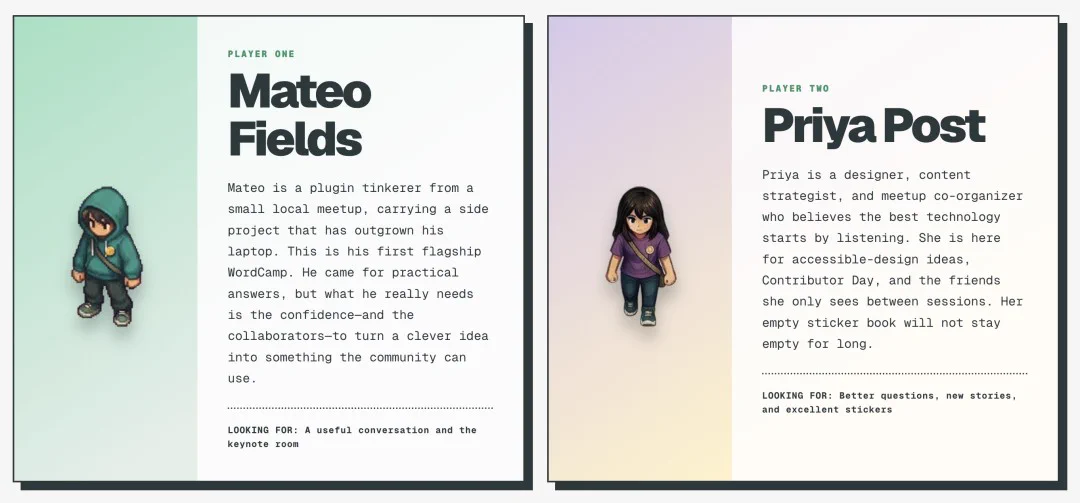 Mateo Fields and Priya Post are illustrated characters showcasing their roles in a community meetup. Mateo seeks collaboration, while Priya focuses on accessible design.