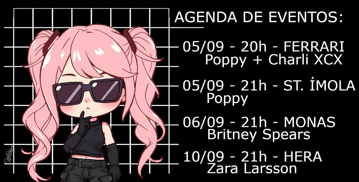 chadaxenell's tweet photo. Minhas próximas performances...
Pra quem é fã dessas artistas, já se programem! 

05/09 - 20h - FERRARI (Poppy + Charli XCX);
05/09 - 21h - SANTA ÍMOLA FEST (Poppy);
06/09 - 21h - ENCONTRO COM AS MONAS (Britney Spears);
10/09 - 21h - HERA X BUBBLET (Zara Larsson); https://t.co/e1OwFhtlz5