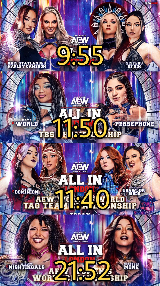 starkybaby's tweet photo. The total women’s division in-ring time length for #WrestleMania this year-
33:50 (33 mins, 50 secs)

The total women’s division in-ring time length for #AEWAllIn this year-
55:17 (55 mins, 17 secs) https://t.co/R6nEEJ3PSD