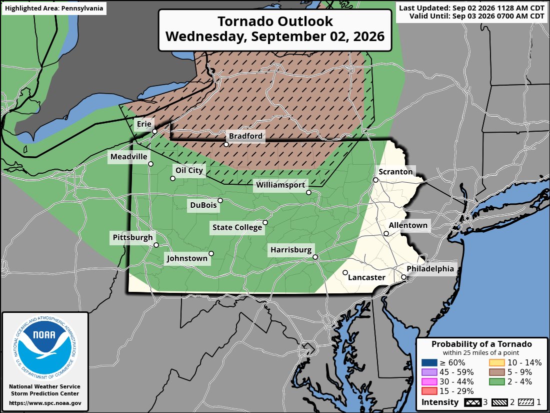 AppalachiaWx's tweet photo. Severe Weather Likely For Western New York Late This Afternoon And This Evening!!!

The Storm Prediction Center has highlight Western New York in an Enhanced Risk (Level 3 out of 5) for severe weather today. 

There is also a Slight Risk (Level 2 out of 5) for severe weather across Pennsylvania, Maryland, northeast Ohio, and parts of northern West Virginia. 

The storms later today will be capable of producing all severe weather hazards including: damaging winds, large hail, and tornadoes. Western New York will likely see the highest coverage of severe weather, and an elevated tornado risk is expected in this region as well. 

While western New York is favored for the greatest severe weather risk, anyone that is in an area that is highlighted for severe weather should monitor the latest forecasts throughout the day. There is also some model disagreement on the location of the storms later today into tonight, and changes to the forecast could occur if model guidance converges on a different solution. 

#SevereWeather #pawx #nywx #ohwx #mdwx #wvwx