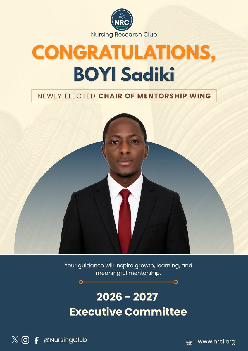 NursingR_Club's tweet photo. Congratulations, Boyi Sadiki!

Proud to announce you as the newly elected Chair of the Mentorship Wing for 2026–2027.

Your guidance will inspire growth, learning, and meaningful mentorship.

#NRC #ViveNursingProfession https://t.co/rhkPVW6I70