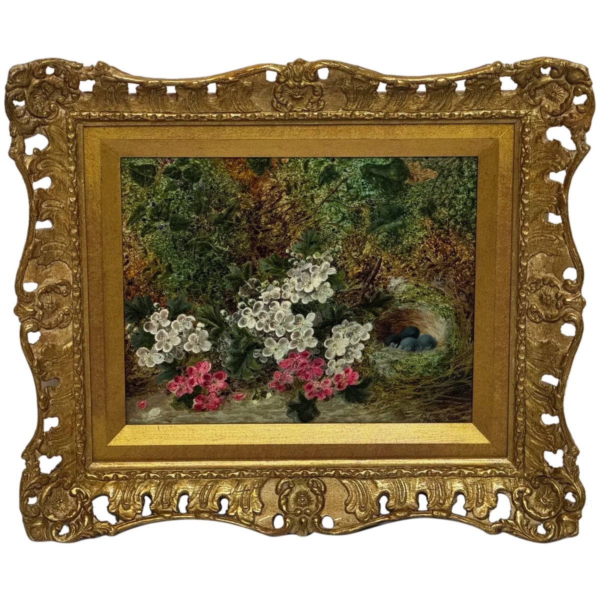 antiquesconsult's tweet photo. 1/2 | Hidden amongst the blossom…
Oliver Clare (1853–1927), Still Life of Blossom and a Bird’s Nest, c.1880–1890.

This signed Victorian oil depicts pink and white blossom, a mossy bank and a nest containing four vivid blue eggs.

#OliverClare #VictorianArt https://t.co/esdqO99a3O