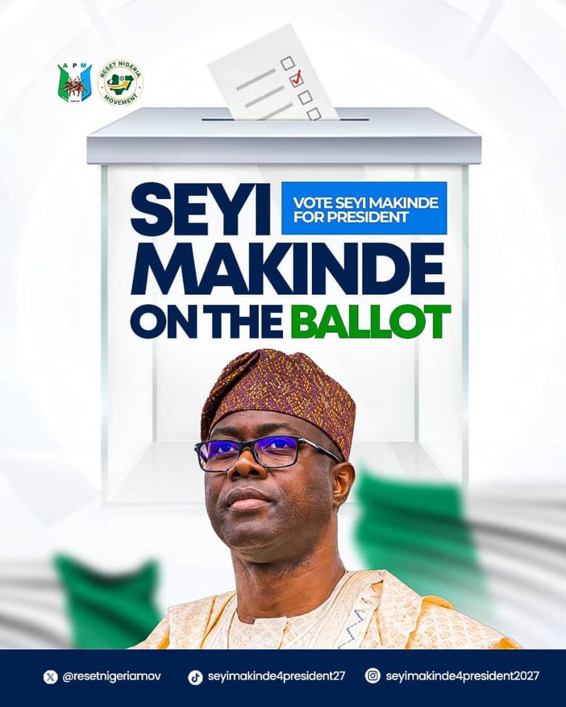 Emmanex100's tweet photo. The road to 2027 is becoming more interesting as Seyi Makinde officially enters the presidential race.

#Voteseyimakinde4president
#Performanceoverrethoric
#Leadershipintegrity
#Resetnigeria2027
#Makinde2027 https://t.co/zrBltZIdeU