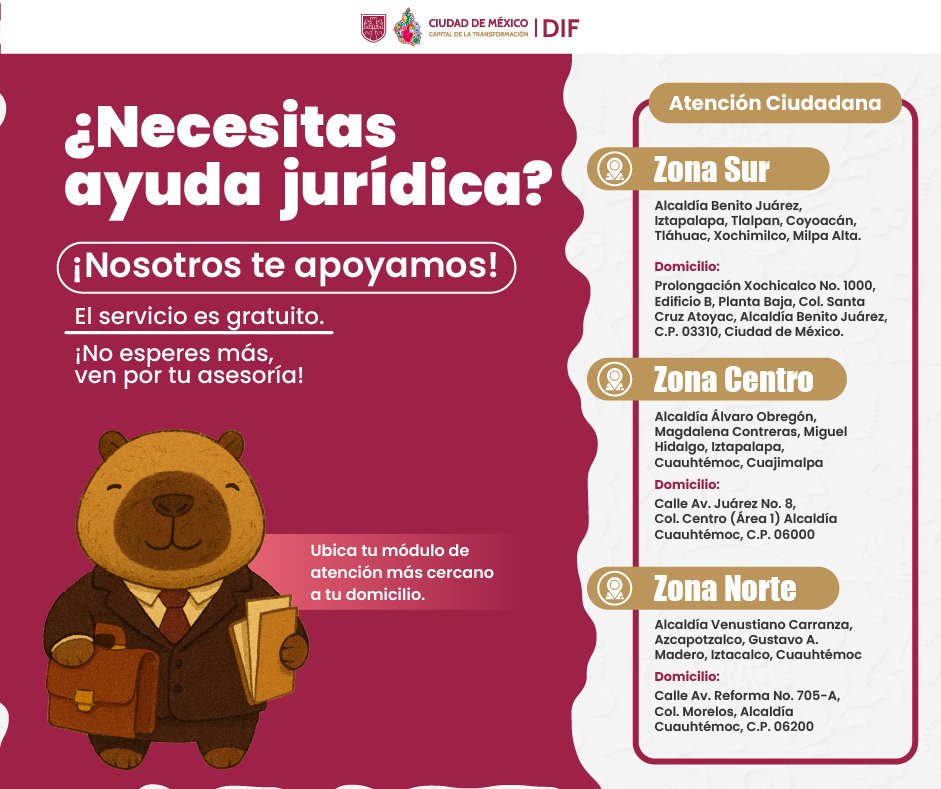 DIFCDMX's tweet photo. ⚖️ ¿Necesitas orientación jurídica en materia familiar?
El #DIFCDMX te ofrece asesorías y patrocinio jurídico totalmente gratis.
📌 Acude a la oficina más cercana 👉 https://t.co/idLs6eNEQb
#CapitalDeLaTransformación https://t.co/jEHSkvihBE