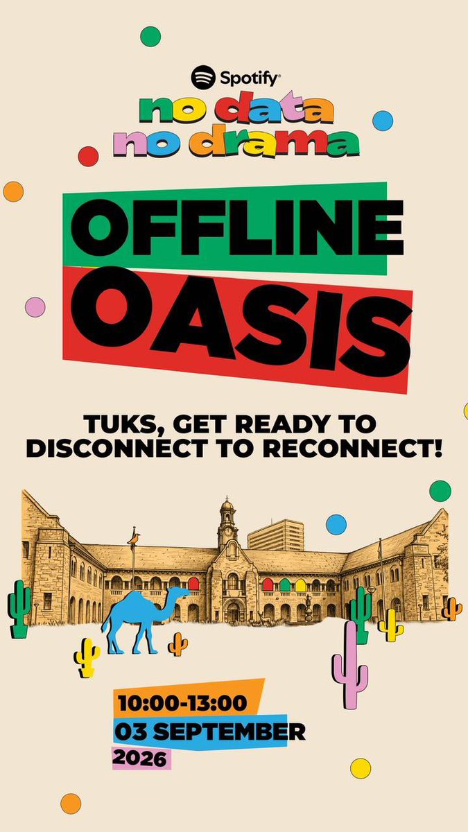 Colourphuza's tweet photo. TUKS, get ready to disconnect to reconnect!

@SpotifyAfrica's Offline Oasis is pulling up on campus tomorrow - offline listening, audiobook corner, giveaways, and a monument literally counting how much data we're saving as a campus.  #NoDataNoDrama https://t.co/3NVqaYjAbB