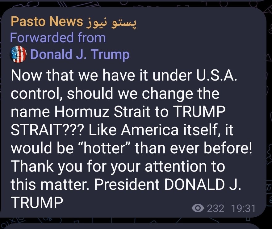 T_K03690's tweet photo. Now that we have it under U.S.A. control, should we change the name Hormuz Strait to TRUMP STRAIT??? Like America itself, it would be “hotter” than ever before! Thank you for your attention to this matter. President DONALD J. TRUMP https://t.co/Q2i3j1GdCk