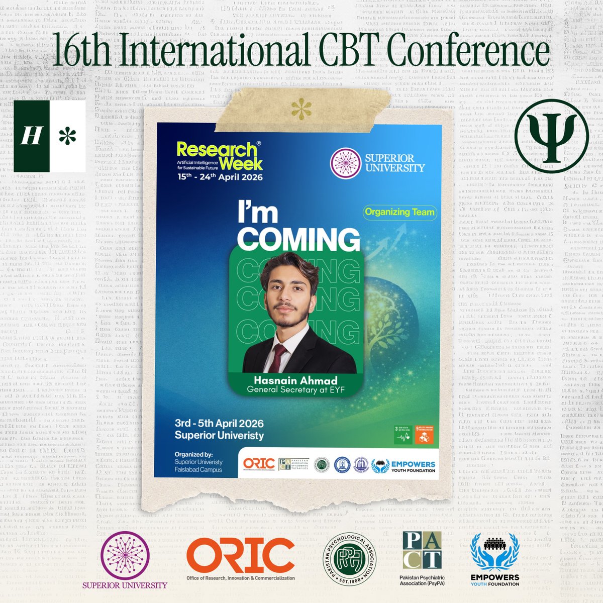 hasn_ai_n's tweet photo. Reflecting at the incredible International Psychology Conference titled "16th International CBT Conference 2026"

By: @pactpakistan
Host: @my_superior 
Partner: @Empowers_YF 
Fav Speakers: @farooqnaeem7 

#pychology #ai #aiinpsychology #mentalwellness #conference https://t.co/mLdi1jDeOJ