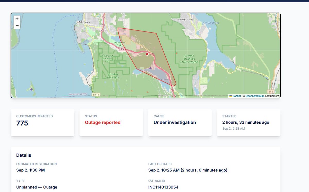 RandySmall's tweet photo. 10:30 AM 9-2-26: We have a large power outage south of Bellingham (Lake Padden to N. Lake Samish area with 775 customers w/o power.
#wawx #whatcomcounty #pnw #poweroutage #wind https://t.co/Ka3wqFHYHE