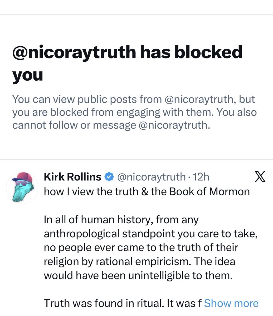 Alcatrazward's tweet photo. Total shock. When you call out a scammer they block you. 

Kirk is a LIAR. 

He is running a long-con miraculous conversion story for likes (or worse to generate converts) and even some of his fellow saints see it. https://t.co/bxxbKO05Hp