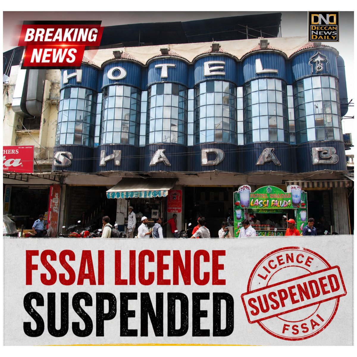 DailyDeccan's tweet photo. TG SAFE Team Suspends Shadab Hotel’s FSSAI Licence in Hyderabad

TG SAFE Team has suspended the FSSAI licence of M/s Shadab Hotel at Madina, Hyderabad, over multiple hygiene, sanitation and meat/food-storage violations. Management has been directed to stop business operations immediately.