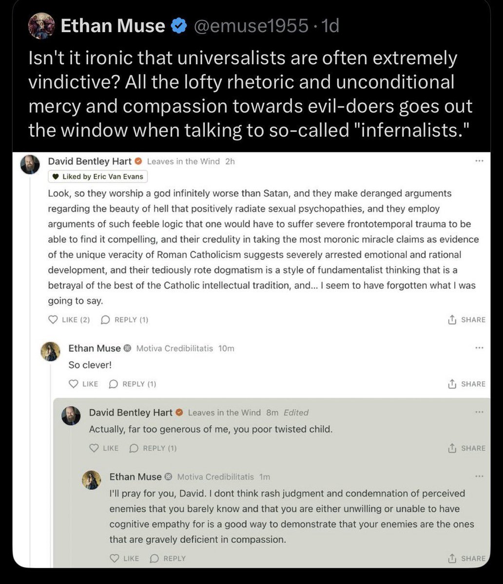 CounterApologis's tweet photo. "Why are people mean to me when I defend the moral goodness of torturing people for eternity?"

(DBH was pretty mean, but at least he's not justifying, let alone praising eternal conscious torture). https://t.co/eePnz90je4