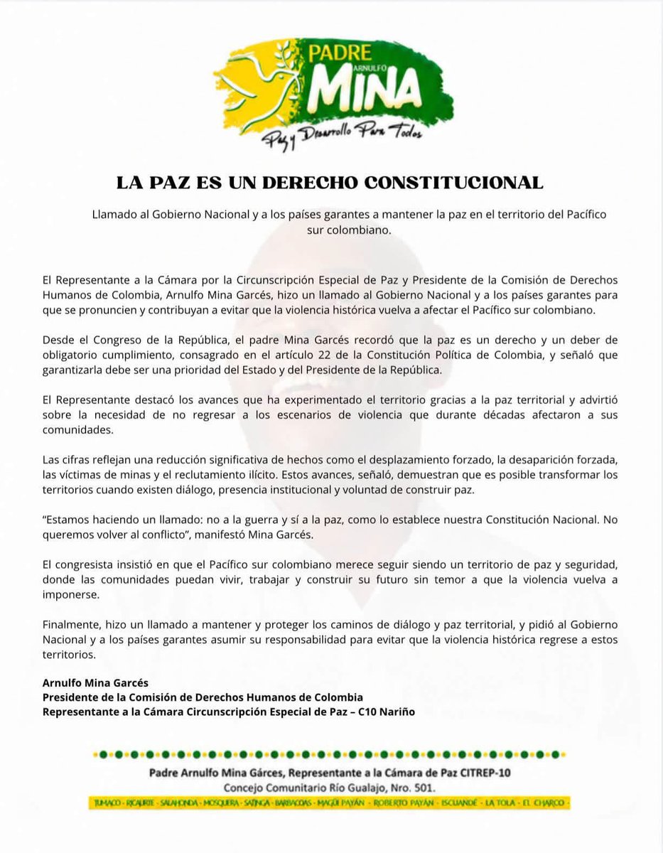 padreminapaz's tweet photo. LA PAZ ES UN DERECHO CONSTITUCIONAL.

Desde el Congreso de la República, reafirmamos nuestro compromiso con la paz y hacemos un llamado a proteger los avances alcanzados en el Pacífico sur colombiano.

¡No a la guerra. Sí a la Paz!. https://t.co/XxucMUWnIs