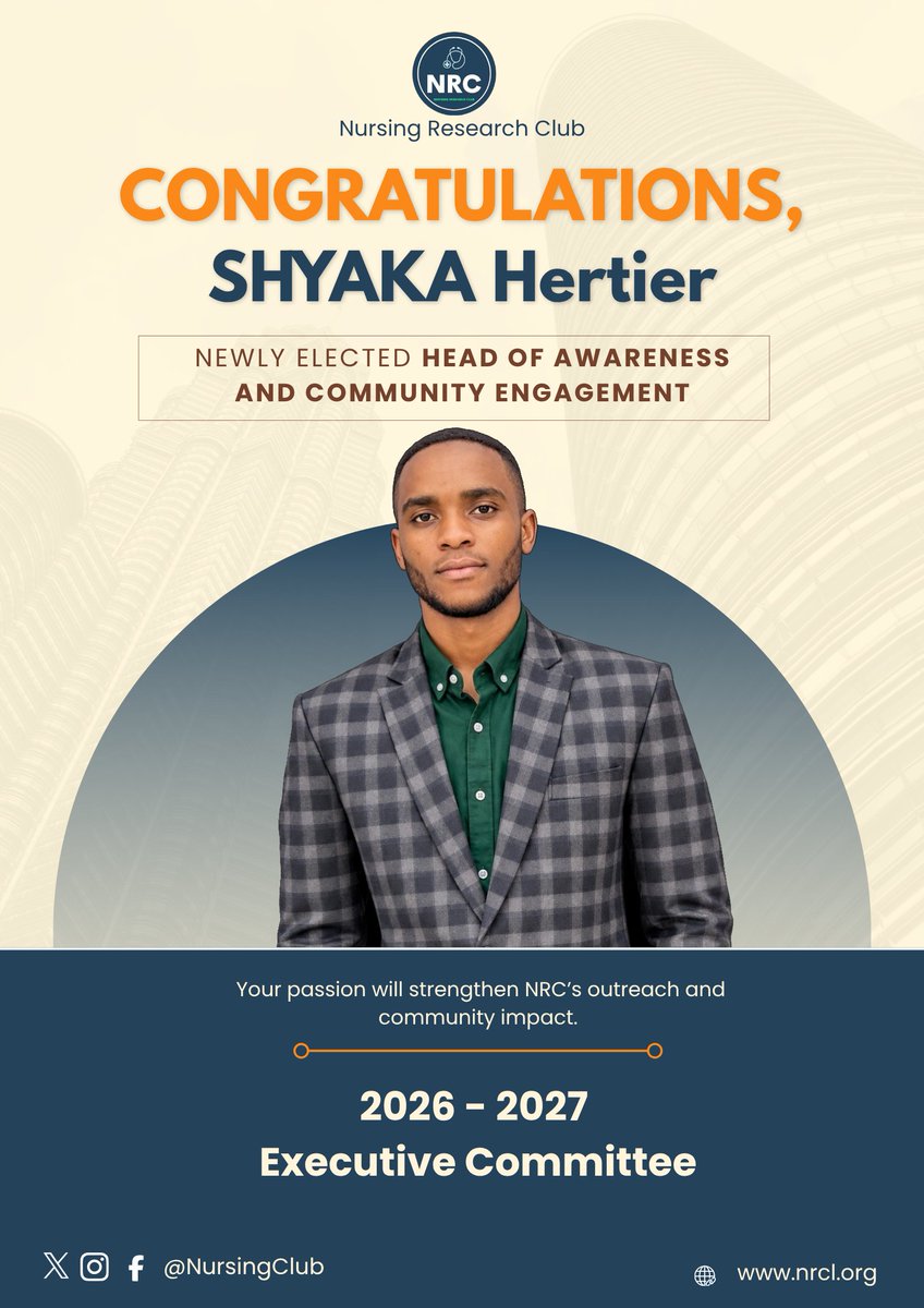 NursingR_Club's tweet photo. Congratulations, Shyaka Hertier!

Proud to welcome you as the newly elected Head of Awareness and Community Engagement for 2026–2027.

Your passion will strengthen NRC’s outreach and community impact.

#NRC #ViveNursingProfession https://t.co/FYB1E40A1N