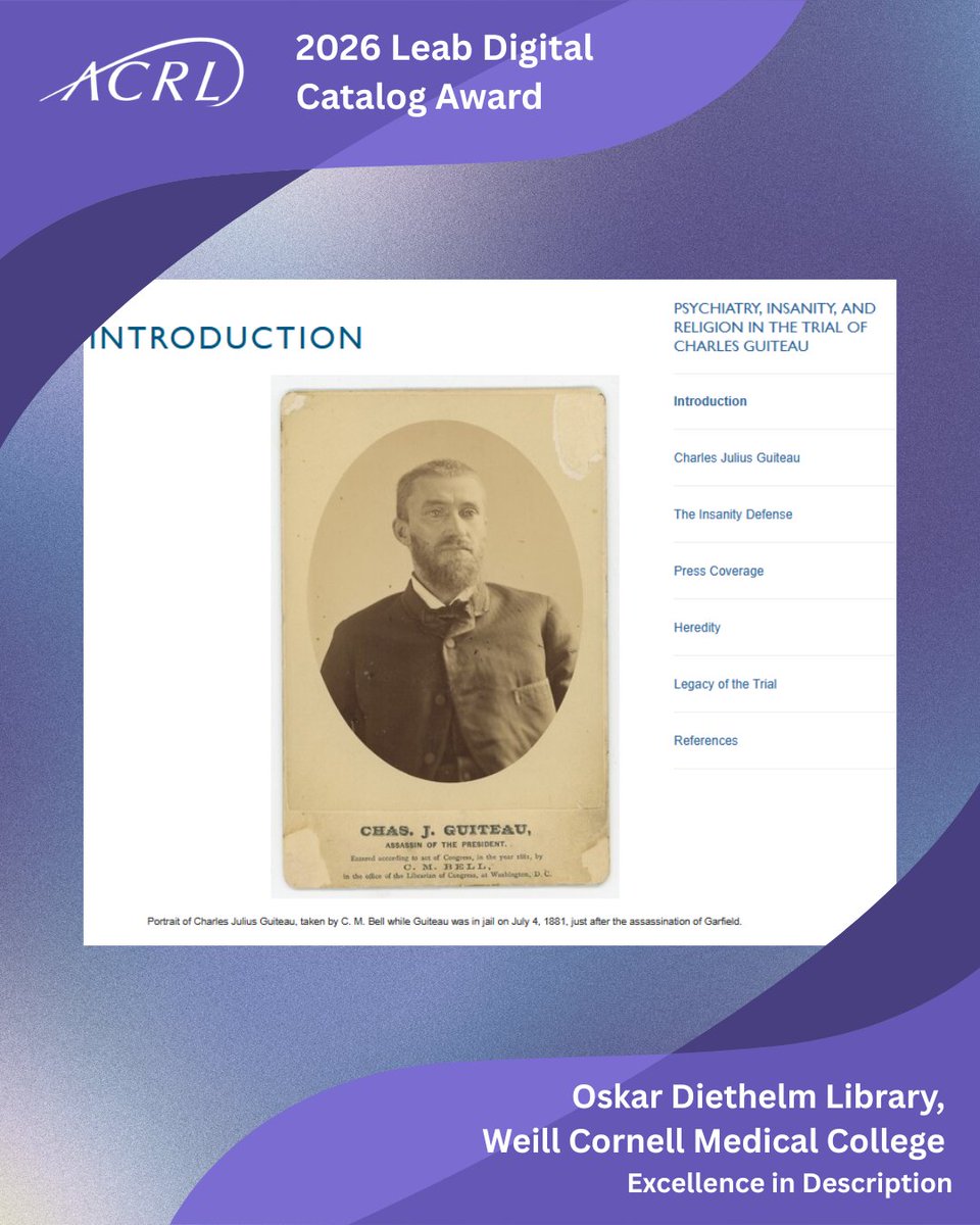 ALA_ACRL's tweet photo. Congrats to the 2026 Leab Award recipient for Excellence in Description Digital Catalog Category: "Psychiatry, Insanity, and Religion in the Trial of Charles Guiteau." https://t.co/t1vVWHoUnm

#exhibiton #catalog #exhibitioncatalog #rarebooks #archives https://t.co/APGhFHrbVp