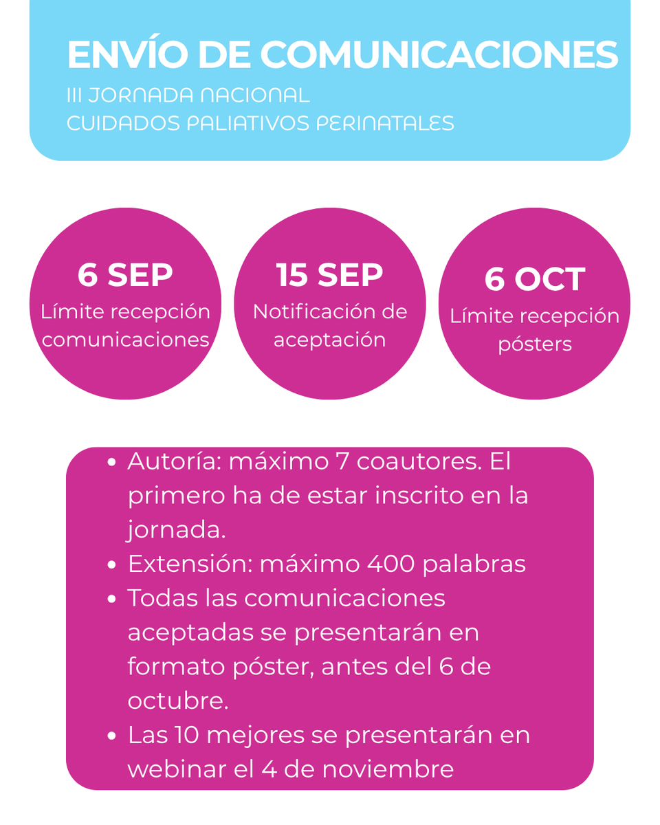 Ped_Pal's tweet photo. 📢 ¡Últimos días! Presenta tu comunicación en la III Jornada Nacional de Cuidados Paliativos Perinatales (15 oct, Madrid). 📊✍️

🔗 Normas y envío de resúmenes: https://t.co/gYNYp4kj9I

#PEDPAL #CuidadosPaliativosPerinatales #CuidadosPaliativosPediatricos https://t.co/dUcBhL6HyB