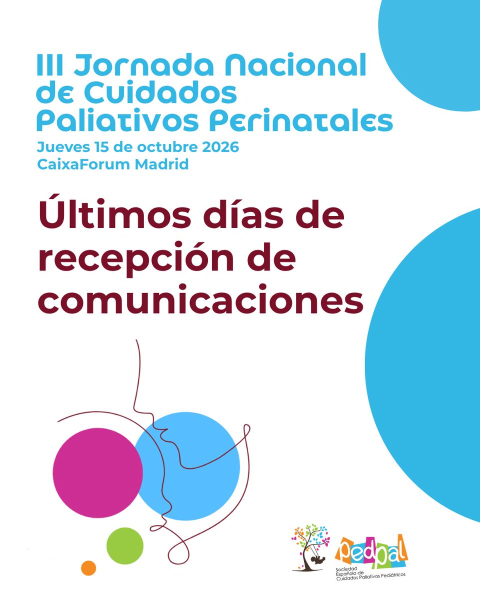 Ped_Pal's tweet photo. 📢 ¡Últimos días! Presenta tu comunicación en la III Jornada Nacional de Cuidados Paliativos Perinatales (15 oct, Madrid). 📊✍️

🔗 Normas y envío de resúmenes: https://t.co/gYNYp4kj9I

#PEDPAL #CuidadosPaliativosPerinatales #CuidadosPaliativosPediatricos https://t.co/dUcBhL6HyB