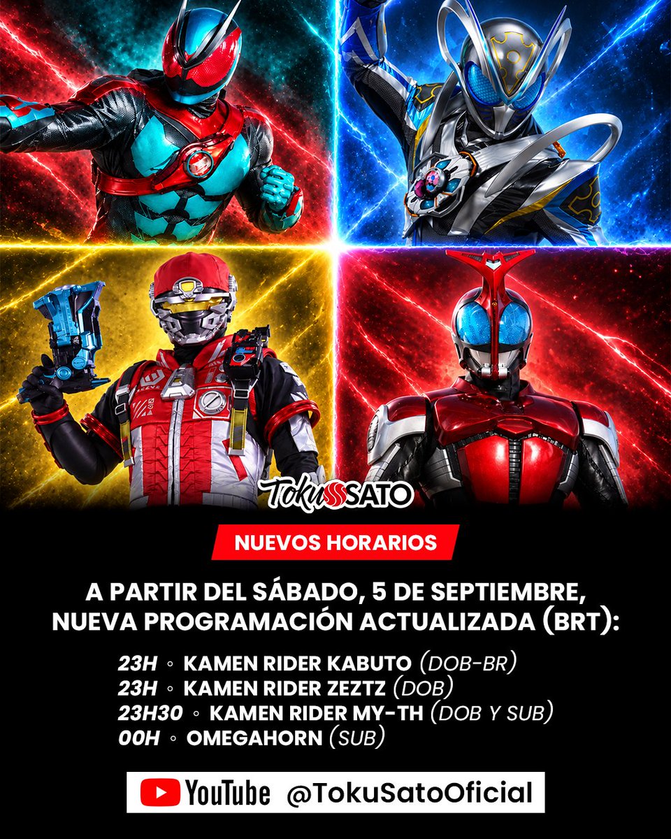 TokuSatoOficial's tweet photo. ⚠️ Atenção para os novos horários das estreias no canal TokuSato a partir de sábado, 5 de setembro (BRT):
❗Os episódios serão grátis para todos até as 10h do domingo e depois, apenas para os membros assinantes. https://t.co/E6CLUvKhy3