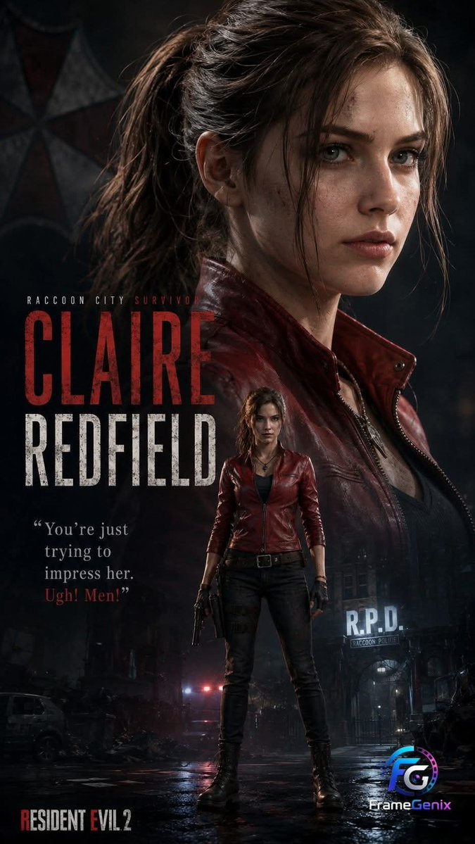 FrameGenix's tweet photo. 🔥 Claire Redfield is ready to survive Raccoon City.

“You're just trying to impress her. Ugh! Men!” 😏

One of Resident Evil’s most iconic survivors brought to life in a cinematic photorealistic style. ❤️‍🔥

Would you survive one night in Raccoon City? 👀🧟

#ClaireRedfield #ResidentEvil2 #ResidentEvil #RE2 #RaccoonCity #FrameGenix #AIArt #aigenerated #RE2Remake