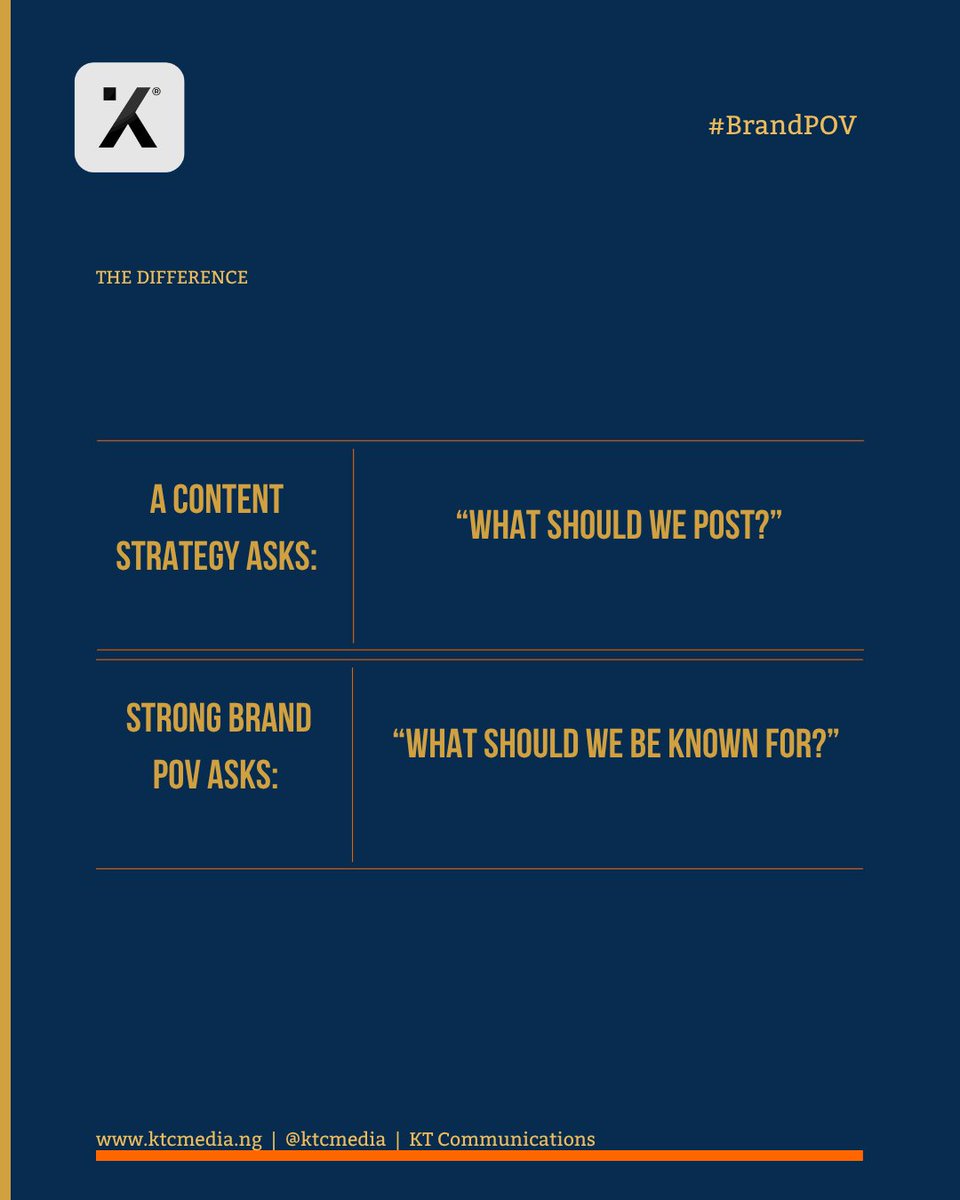 KTCmediaNG's tweet photo. Posting consistently is great.

But consistency without a clear perspective can quickly become noise.

The brands that stay top of mind aren't necessarily the ones saying the most. They're the ones that have something distinct to say, and say it in a way only they can. https://t.co/G1Czutml2J