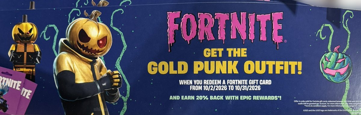 FireMonkey's tweet photo. Fortnite V-Bucks Promo:

Redeem A Fortnite gift card between October 2nd, 2026 - October 31st, 2026, get the Gold Punk Outfit in Fortnite!

VIA: @ShiinaBR https://t.co/ABje1Ji7Hn