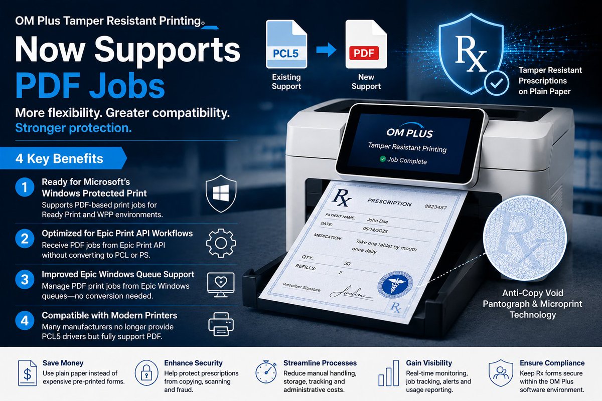PlusTech1's tweet photo. Secure Rx printing just got more flexible. 🖨️
OM Plus Tamper Resistant Printing now supports PDF jobs alongside PCL 5.

https://t.co/MyYkMCmegG

#HealthcareIT #OMPlus https://t.co/j3iLSvgLyJ