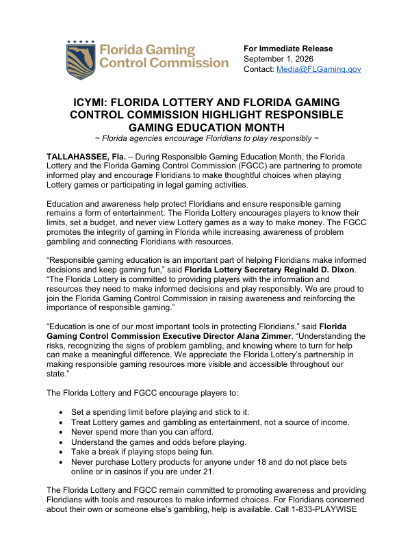 FLGamingControl's tweet photo. September is Responsible Gaming Education Month! We are partnering with the @floridalottery to promote informed play and encourage Floridians to make thoughtful choices when participating in legal gaming activities or playing Lottery games. Read more at: https://t.co/6At6kulmGS https://t.co/g6eOaaFsWO