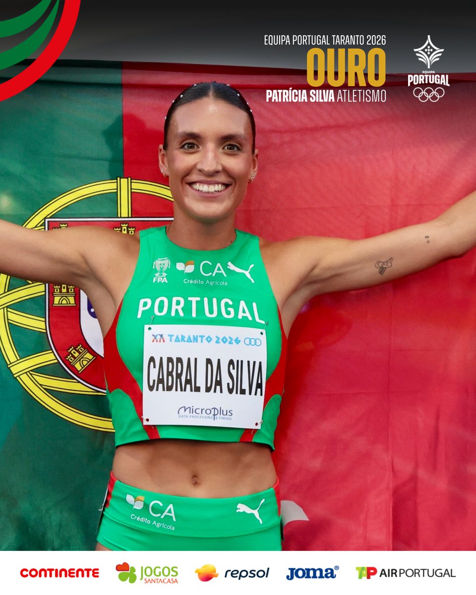 COPPORTUGAL's tweet photo. Patrícia Silva, 𝗖𝗔𝗠𝗣𝗘𝗔̃ dos Jogos do Mediterrâneo 🥇🇵🇹

A portuguesa venceu a prova dos 1500 metros em Taranto 2026 🤩

#EquipaPortugal #TA2026 https://t.co/gO8460VxqD