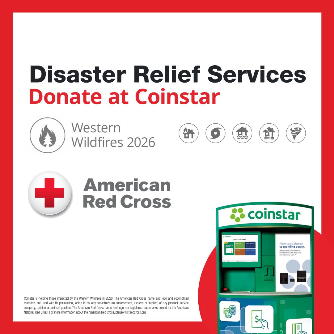 coinstar's tweet photo. Help people affected by Western Wildfires 2026. Donate to the American @RedCross at a kiosk near you. Help can’t wait. Find a kiosk: https://t.co/Mc7a0hTNXf https://t.co/sgu5de0tPu