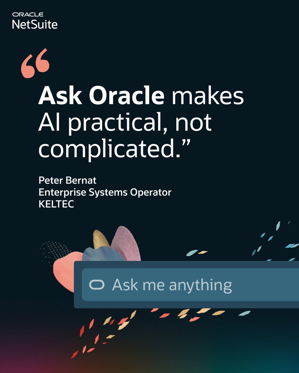 NetSuite's tweet photo. NetSuite Next is changing how customers interact with their ERP. Just ask KELTEC. On September 9, we’ll show you how Ask Oracle lets your teams ask questions in natural language, uncover insights, and take action. Plus, learn how to get started at the pace that’s right for your business. Register: https://t.co/GE7w2M7hwx