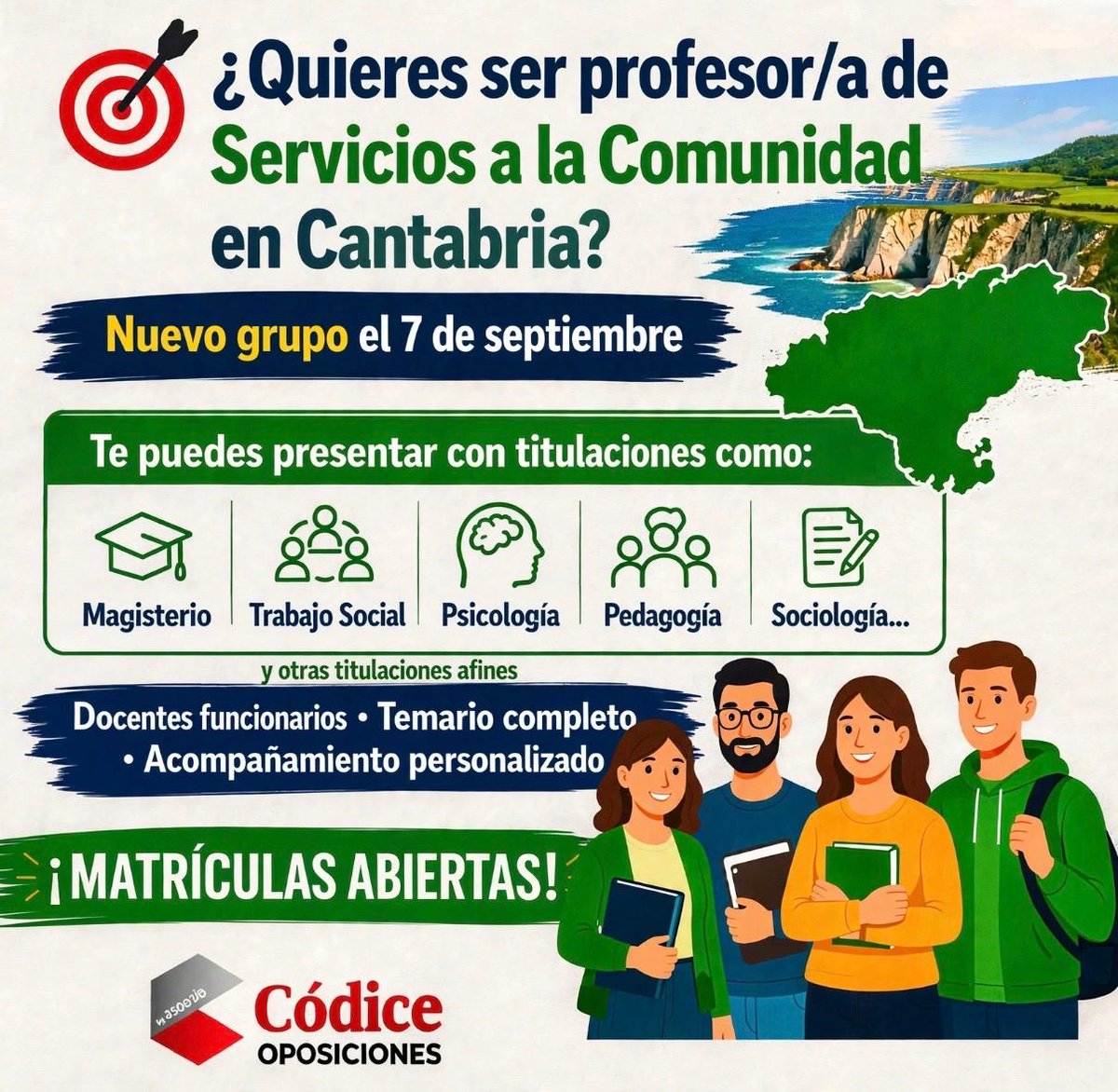 AcademiaCodice's tweet photo. 🎯 ¿Quieres ser profesor/a de Servicios a la Comunidad en Cantabria?

¡Es tu momento! En Códice abrimos nuevo grupo el 07/09.💥

👩🏻‍🎓Te puedes presentar con diferentes titulaciones👨🏻‍🎓

📩 ¡Infórmate!
📲 685 105 113

#OposicionesCantabria #ServiciosALaComunidad #OposicionesEducación https://t.co/Ndu001YO8w