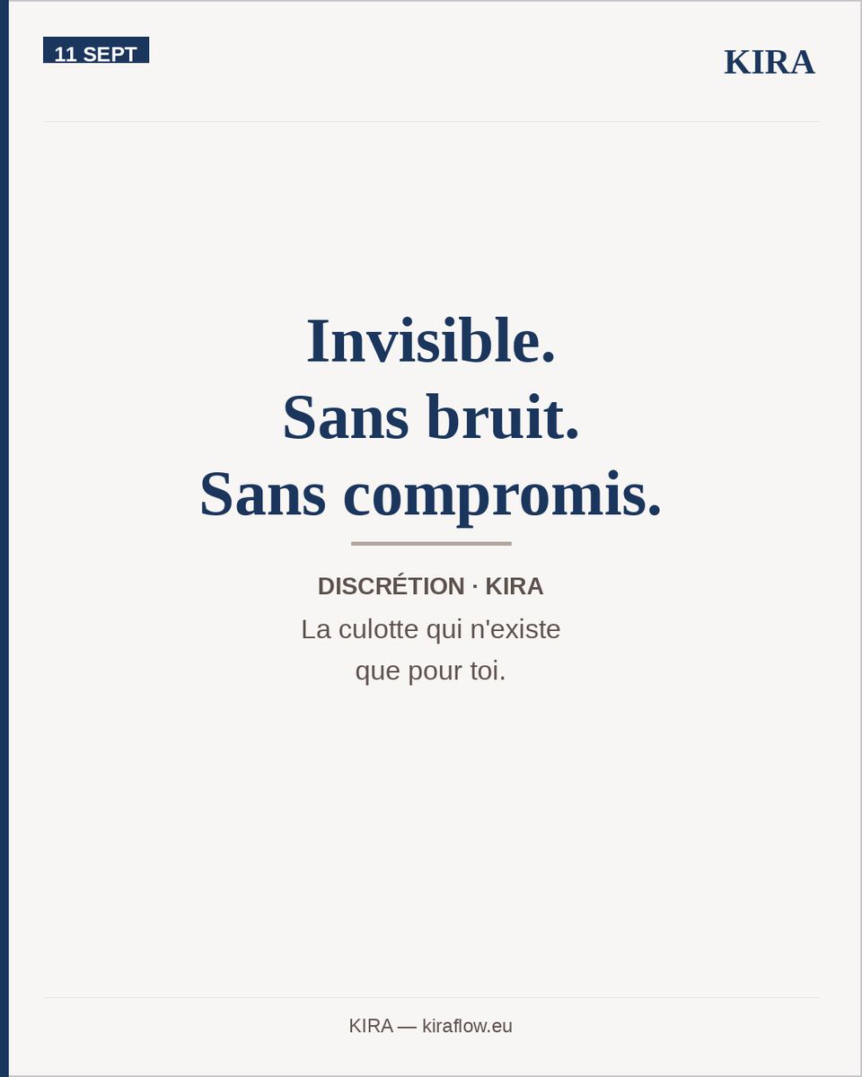 kiraflowfr's tweet photo. Invisible sous les vêtements.
Sans volume. Sans bruit. Sans compromis.

La culotte qui n'existe que pour toi.

KIRA — LIBRE, FORTE, CHAQUE JOUR
🔵 https://t.co/YK2FTly0jp

#KIRA #Discrétion #CulotteMenstruelle #Liberté #ConfortIntime https://t.co/LCcFKugcyz