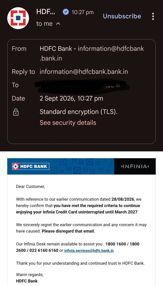 rajeevkgoel's tweet photo. @ProfessorCardz Discontinuation cancelled. Confirmation email from HDFC just now. https://t.co/K1FY5Gwuhl