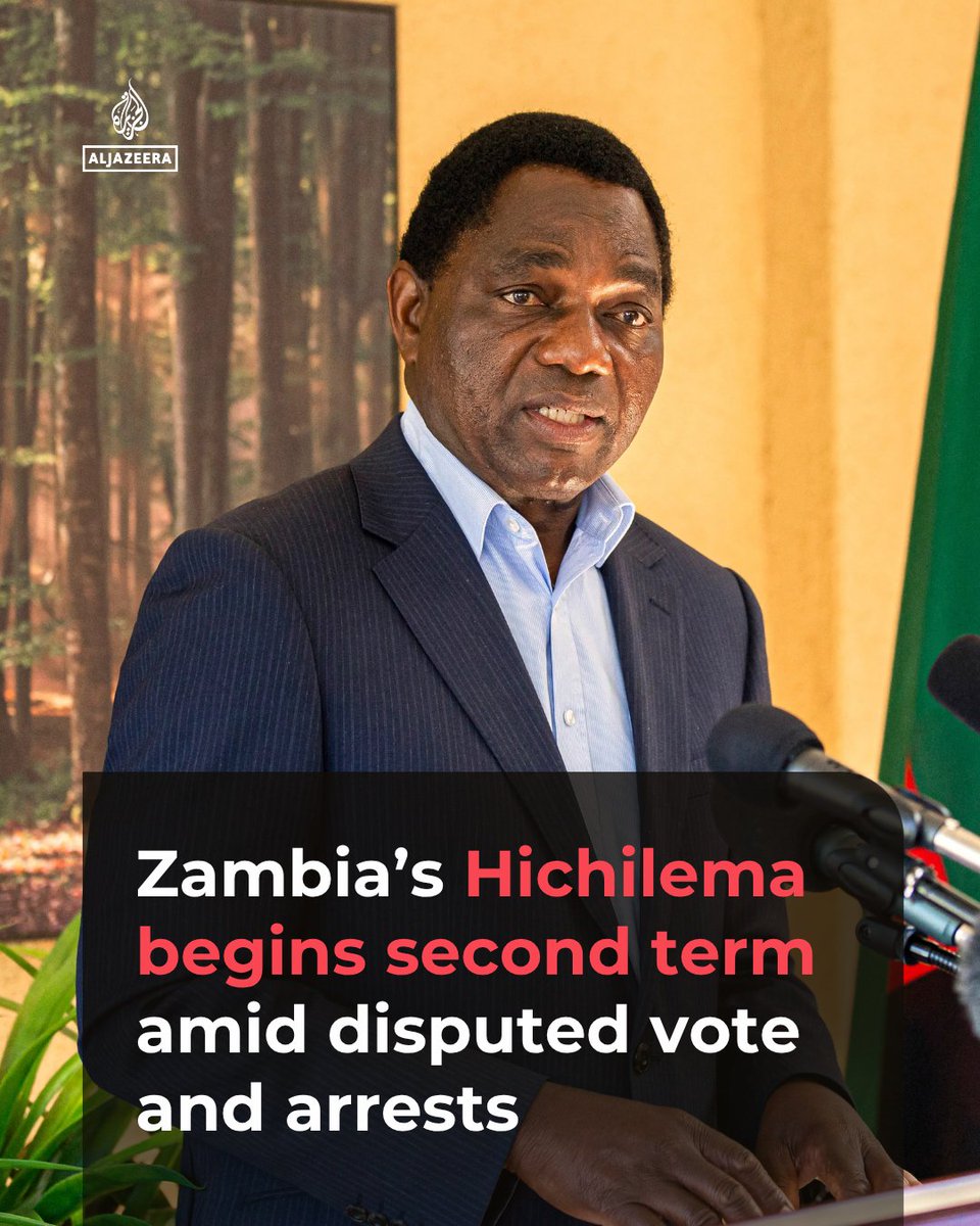 AJEnglish's tweet photo. Zambia President Hakainde Hichilema begins his second term amid political tensions, with observers raising concerns over the August 13 election and opposition figures facing treason charges.

🔗: https://t.co/IDiLV8aS6Z https://t.co/1TQPLBt75f