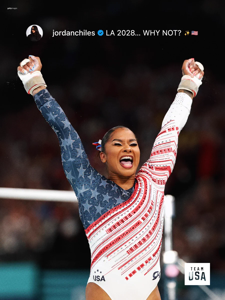 Photo of Jordan Chiles with her arms in the air with her caption “LA 2028… WHY NOT? Sparkle emoji, American flag emoji