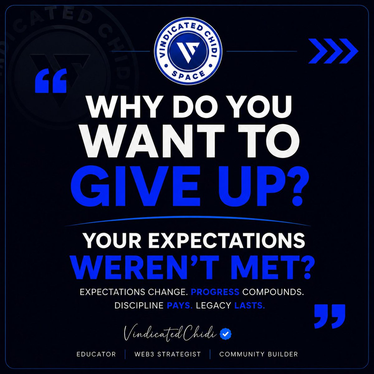 Vindicatedchidi's tweet photo. Everyone is giving up on crypto.

Maybe that's exactly why you shouldn't.

Not because the next 100x is guaranteed.

Not because another bull run is coming tomorrow.

But because when everyone stops paying attention, the people who keep learning, building and positioning themselves get a much quieter playing field.

Crypto has spoiled us.

We became addicted to instant rewards.

Airdrop today.
Points tomorrow.
100x next week.

And when the rewards stopped coming, many people stopped building.

But here's the uncomfortable truth:

You don't need to be early to win.
You need to still be here when the opportunity arrives.

So if you're tired of crypto, take a step back.

Don't quit.

Learn something.

Build something.

Write something.

Contribute to a protocol.

Meet people.

Become useful.

Because the goal shouldn't be to survive every hype cycle.

The goal is to become valuable enough that you don't need the hype cycle to survive.