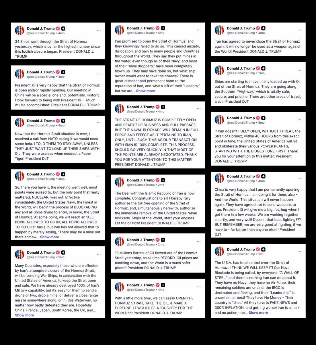vancemurphy's tweet photo. 6 months worth of rambling about the Strait of Hormuz. Closed, open, closed, open, closed, open, closed, open.

As a 3 time Trump voter… He is not stable or competent anymore. 

This is embarrassing. https://t.co/IGBaJJN8XB