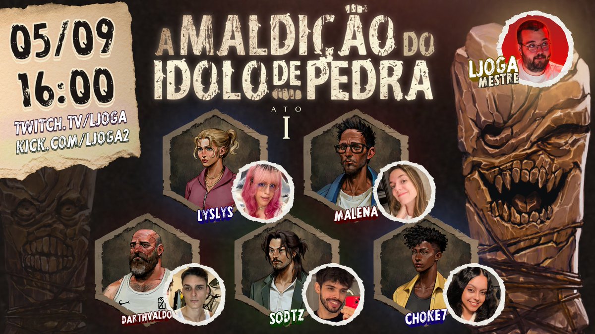 LJoga's tweet photo. 🪨A Maldição do Ídolo de Pedra -  Ato 1 - Playtest de Ordem Paranormal RPG II

🩸 @LoiraNoob como Alan
🩸 @Sodtz1   como Victor
🩸 @choke7_  como Kênia
🩸 @lyslysz  como Eloísa
🩸 @Darthvaldinho como Edgar

📅05/09 (Sábado)
🕓16:00